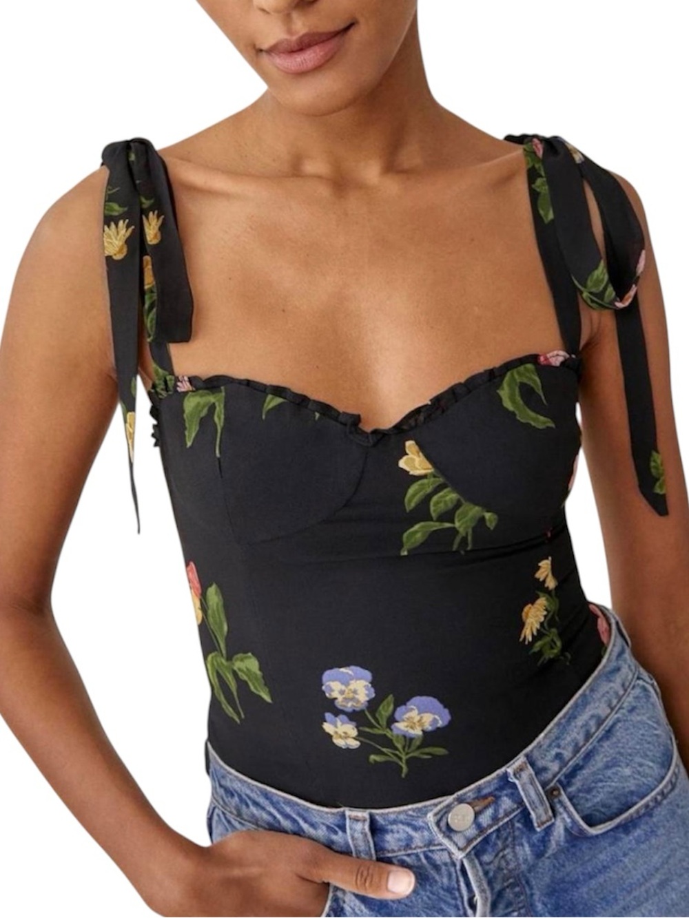 Reformation Black Floral Tie-Shoulder Smocked Camisole